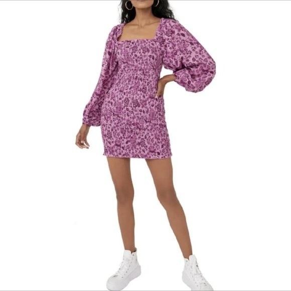 NWT  Free People  "Smock It to Me"  Long Sleeve Mini dress  Purple   Size M - Picture 2 of 5